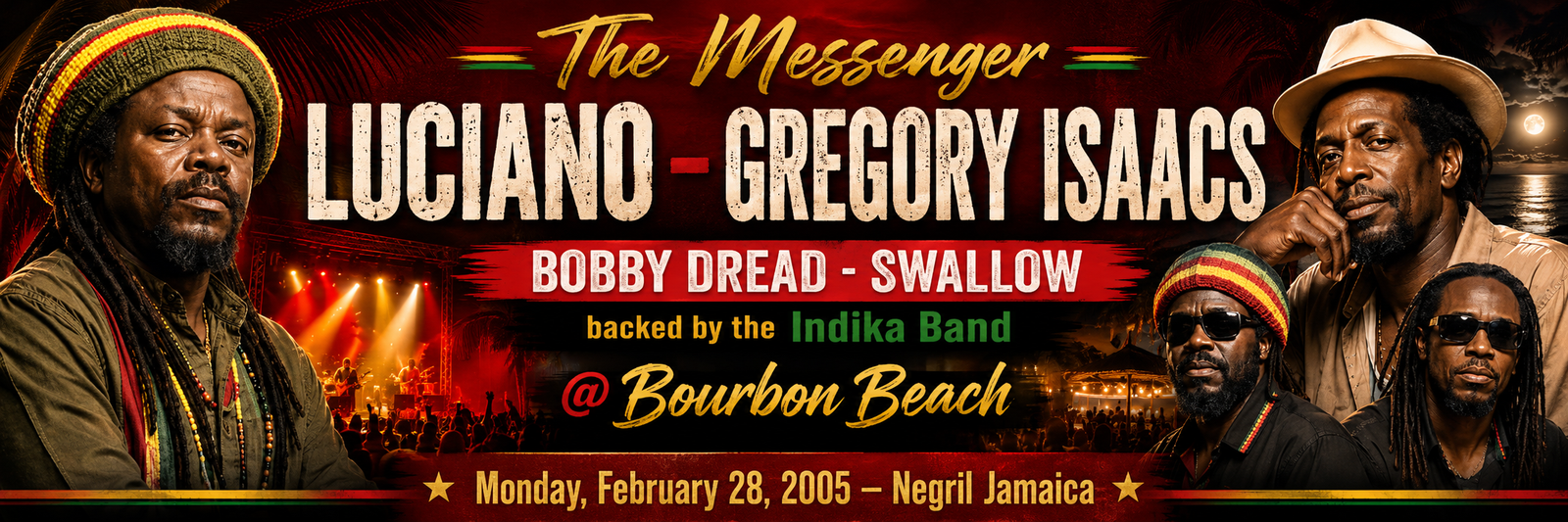 The Messenger - Luciano and Gregory Isaacs with Bobby Dread and Swallow at Bourbon Beach in Negril Jamaica